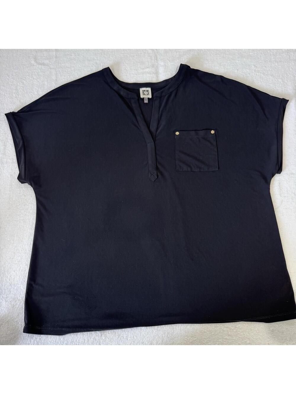 Anne Klein Knit Top Plus Size 2X Black Chest Pocket Short Sleeve Blouse T-shirt